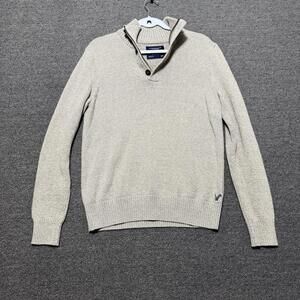 Y2K American Eagle Men M Tan Sweater 1/4Zip Preppy IvyLeague